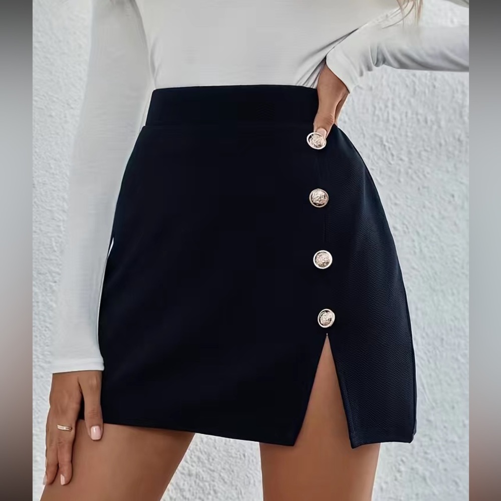 Navy blue button detail slit thigh mini skirt - Picture 6 of 6